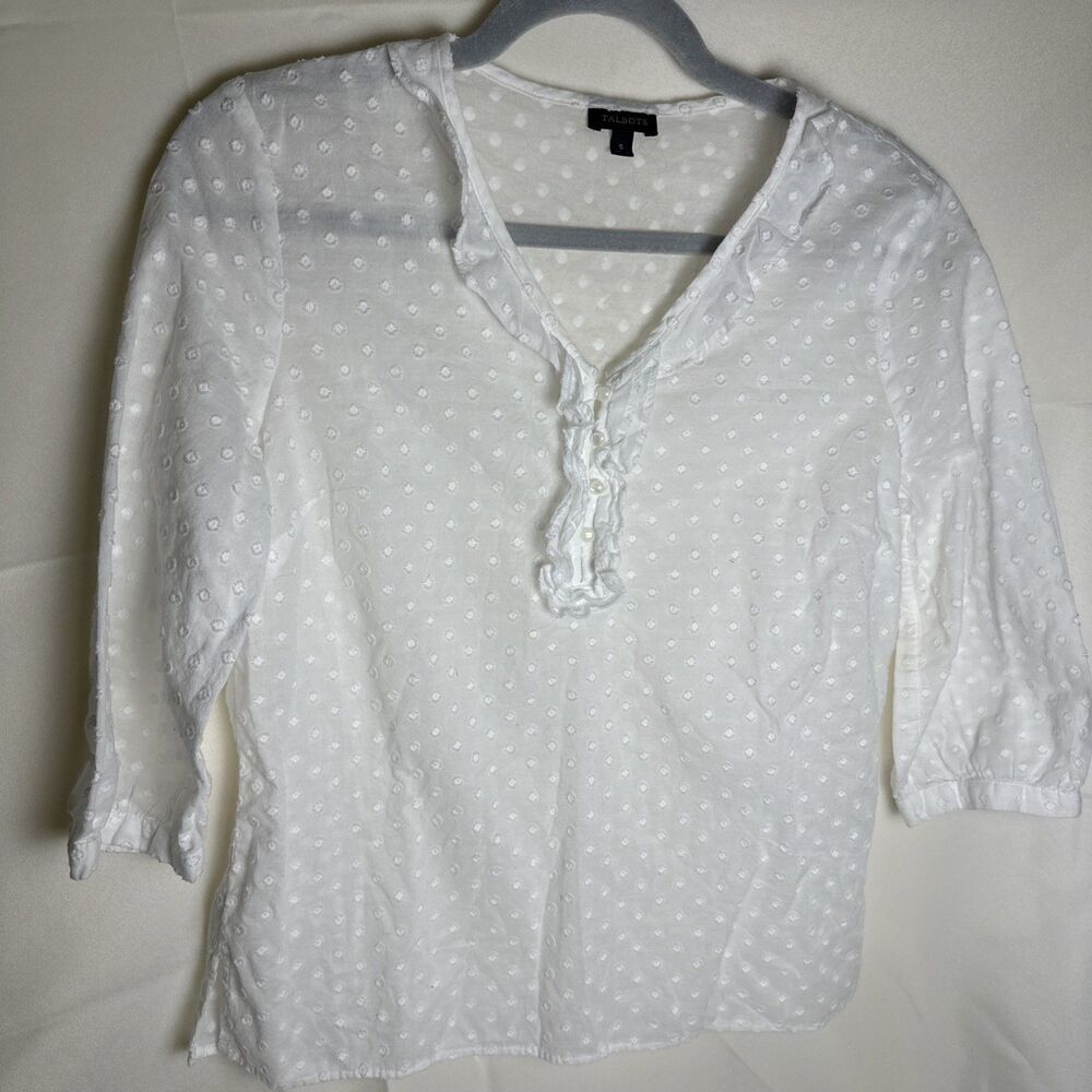 White Talbots Polka Dot Ruffle-Trim Blouse Women's Size S Sheer Lightweight